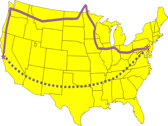 Map showing Joe and Glen's progress from Lancaster, PA,
to Santa Cruz, CA, then by plane back to Lancaster